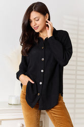 Double Take Waffle-Knit Collared Neck Dropped Shoulder Shirt Black OutfitFlow