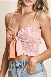 BiBi Woven Color Block Smocked with Ribbon Bra Top PEACH LT PINK OutfitFlow