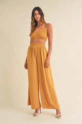 MABLE Smocked Bralette Crop Top and Wide Leg Pants Set Gold Mustard OutfitFlow