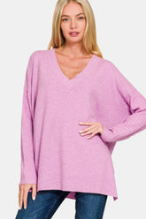 Zenana V-Neck Side Slit High-Low Sweater H Mauve OutfitFlow