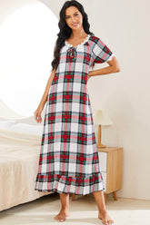 Plaid Lace Trim Ruffle Hem Night Dress Plaid OutfitFlow