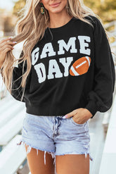 GAME DAY Round Neck Long Sleeve Sweatshirt Black OutfitFlow