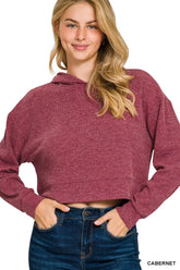 Zenana Drop Shoulder Ribbed Crop Hoodie CABERNET OutfitFlow