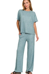 Zenana Soft Melange Short Sleeve Tee & Long Pants Set TEAL OutfitFlow