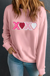 Valentine’s Day XOXO Round Neck Long Sleeve Sweatshirt Dusty Pink OutfitFlow