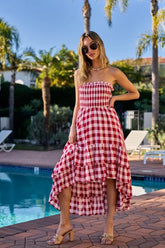 BiBi Smocked Body Off Shoulder Check Dress RED IVORY OutfitFlow