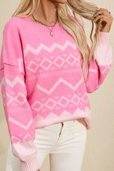 Geometric Drop Shoulder Long Sleeve Sweater Pink OutfitFlow