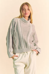 Davi & Dani Cable-Knit Turtleneck Dropped Shoulder Sweater Gray OutfitFlow