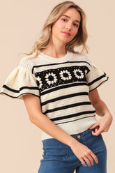 BiBi Granny Square Short Sleeve Striped Sweater Ivory Black OutfitFlow