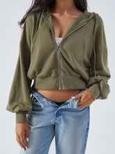 Devine Drawstring Zip Up Long Sleeve Hoodie Moss OutfitFlow