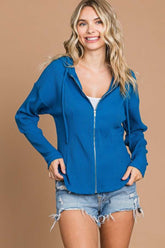 Culture Code Full Size Ribbed Zip Up Drawstring Hooded Jacket Blue Teal OutfitFlow