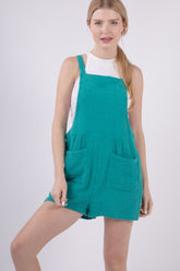 VERY J Sleeveless Double Gauze Overalls with Pockets Green OutfitFlow