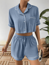Ivy Lane Contrast Lapel Collar Cropped Shirt and Shorts Lounge Set Light Blue OutfitFlow