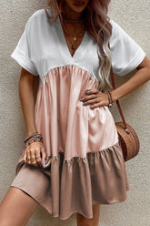 Color Block Short Sleeve Mini Dress Taupe OutfitFlow