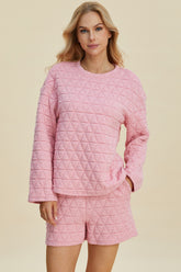 Double Take Full Size Texture Round Neck Long Sleeve Top and Shorts Set Pink OutfitFlow