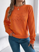 Openwork Round Neck Long Sleeve Sweater Orange OutfitFlow