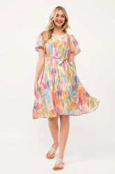 Lime 'N' Chili Watercolor Print Tie Front Midi Dress ORANGE COMBO OutfitFlow