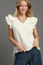 Umgee Full Size Textured Jacquard V-Neck Ruffle Cap Sleeve Blouse Plus Size Cream OutfitFlow