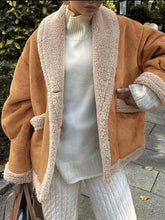 Fuzzy Collared Neck Long Sleeve Jacket Ochre OutfitFlow