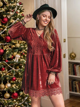 Plus Size Lace Detail V-Neck Long Sleeve Mini Dress Rust OutfitFlow