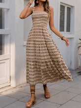 Printed Tiered Wide Strap Midi Dress Camel OutfitFlow