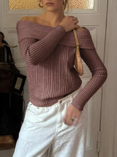 Off-Shoulder Ribbed Knit Sweater Brown OutfitFlow