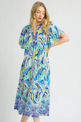 Umgee Printed Short Sleeve Tiered Midi Dress Pastel Blue OutfitFlow