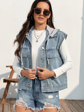 Drawstring Button Up Sleeveless Denim Jacket Light Blue OutfitFlow