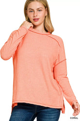 Zenana Full Size Melange Hacci Exposed Seam Hi-low Tee Plus Size CORAL OutfitFlow