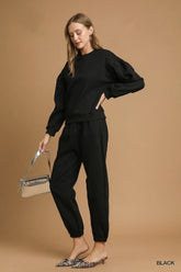 Umgee Fleece Jogger Pants with Drawstring Black OutfitFlow