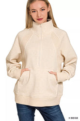 Zenana Half Zip Fleece Sweatshirt with kangaroo Pocket H BEIGE OutfitFlow