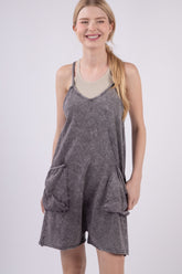 VERY J V-Neck Sleeveless Washed Romper Black OutfitFlow