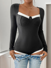 Perfee Ribbed Contrast Long Sleeve Bodysuit Black OutfitFlow
