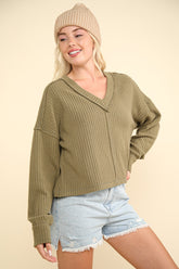 VERY J Exposed Seam V-Neck Ribbed Knit Top Olive OutfitFlow