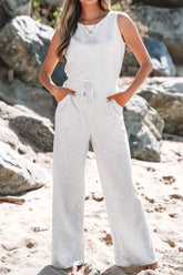 Solid Color Crew Neck Drawstring High Waist Sleeveless Jumpsuit Light Gray OutfitFlow