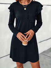 Ruffled Round Neck Long Sleeve Mini Dress Dark Navy OutfitFlow