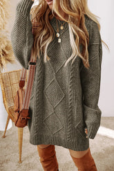 Cable-Knit Round Neck Sweater Dress Sage OutfitFlow