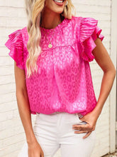 Leopard Frill Mock Neck Ruffled Cap Sleeve Top Fuchsia Pink OutfitFlow