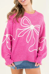 Bow Round Neck Dropped Shoulder Sweater Fuchsia Pink OutfitFlow