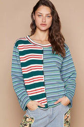 POL Color Block Striped Round Neck Long Sleeve T-Shirt GREEN MULTI OutfitFlow
