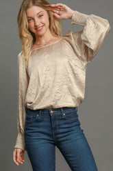 Umgee Wrinkled Round Neck Lantern Sleeve Blouse Tan OutfitFlow