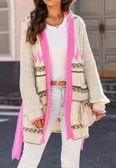 Contrast Tied Open Front Cardigan Tan OutfitFlow