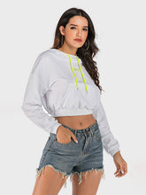 Perfee Drawstring Letter Long Sleeve Hoodie White OutfitFlow