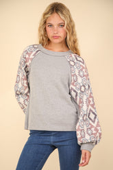 VERY J Printed Long Sleeve Round Neck Knit Top H Grey OutfitFlow