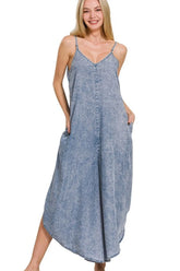 Zenana Lyocell Acid-Washed Jumpsuit M INDIGO OutfitFlow