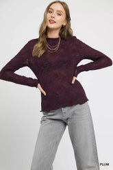 Umgee Lace Sheer Long Sleeve Top PLUM OutfitFlow