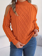 Cable Knit Cold Shoulder Turtleneck Sweater Orange OutfitFlow