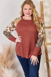 Hailey & Co Full Size Leopard Waffle-Knit Blouse RUST OutfitFlow