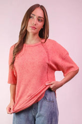 VERY J Mineral Washed Ribbed Knit Casual Top Coral OutfitFlow