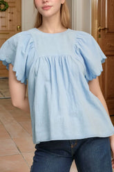 Solid Color Embroidered Scalloped Sleeves Crew Neck Blouse Light Blue OutfitFlow
